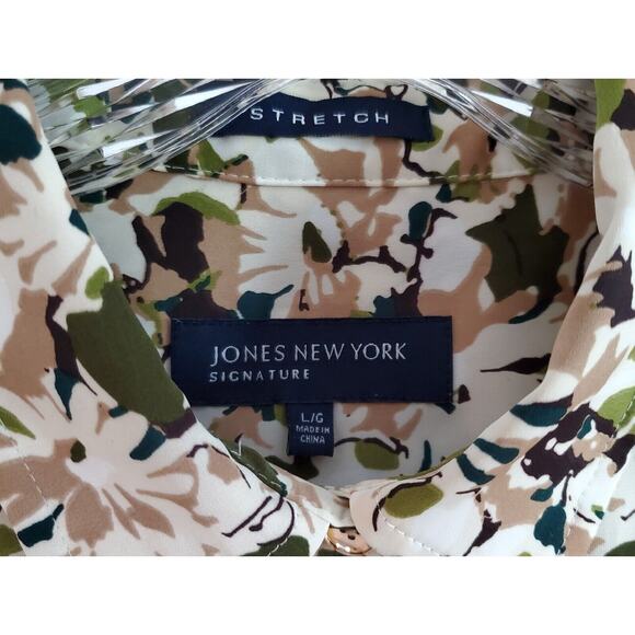 JONES NEW YORK L Shirt Button Up Long Roll Tab Sleeve Green Beige Satiny Bust 42 - Picture 3 of 8